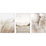 Lot de 3 affiches murales style bohme, nature, plage, herbe de la pampa, sans cadre