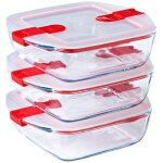 Lot de 3 lunch box - pyrex - cook & heat - verre - carr� - couvercle a valves vapeur sp�cial micro - ...
