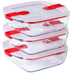 Lot de 3 lunch box - pyrex - cook & heat - verre - carr� - couvercle a valves vapeur sp�cial micro - ...