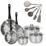 Lot 3 po�les inox 20 / 24 / 28cm fackelmann geneva & 3 faitouts 16 / 20 / 24cm avec 5 ustensiles fackelmann ...