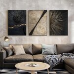 Lot de 3 posters sur toile - texture des lignes - dor�, noir et blanc - anneau annuel abstrait - lignes ...