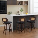 Lot de 3 tabourets de bar pivotants 360� avec repose - pieds, dossier cannage, assise pu noir, bois noyer ...