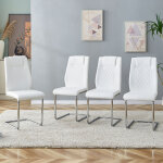 Lot de 4 chaises salle � manger, rev�tement pu blanc, pieds m�tal argent�, dossier en maille, patins ...
