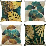 Lot de 4 housses de coussin 40x40 cm carr�es en feuilles vertes et dor�es housse coussins de canap� en ...