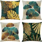 Lot de 4 housses de coussin 45x45 cm carr�es en feuilles vertes et dor�es housse coussins de canap� en ...