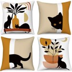 Lot de 4 housse de coussin boho 45x45 , abstrait chat noir plante soleil lune taie d'oreiller d�corative ...