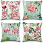 Lot de 4 housses de coussin d'ext�rieur motif flamant rose et fleurs roses pour patio, jardin, salon, ...