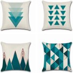 Lot de 4 housses de coussin g�om�triques bleues, 45x45 cm, motif triangle, d�cor coton & lin, maison