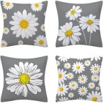Lot de 4 housses de coussin grises 45 cm x 45 cm avec motif floral jaune et blanc en polyester doux d�coratif ...