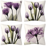 Lot de 4 housses de coussin en lin, style boh�me, motif fleur violette, 45x45 cm, pour salon, canap�, ...