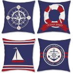 Lot de 4 housses de coussin nautiques, motifs ancre, boussole et voilier, bleu et rouge, 45x45 cm, pour ...
