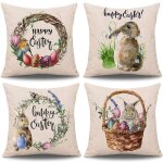 Lot de 4 housses de coussin de p�ques avec lapins et ?ufs, en coton et lin, pour canap� ou lit (45 x ...