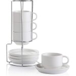 Lot de 4 tasses à café empilables en porcelaine avec soucoupes, 120 ml avec support en métal pour boissons ... Lot de 4 tasses à café empilables en porcelaine avec soucoupes, 120 ml avec support en métal pour boissons ...