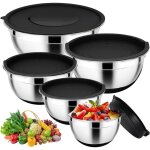 Lot de 5 saladiers en acier inoxydable avec couvercle herm�tique - 4, 5 l / 2, 7 l / 1, 5 l / 1, 2 l ...