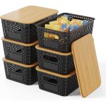 Lot de 6 bo�tes de rangement avec couvercles en bambou, bo�tes organisatrices pour salle de bain, cuisine, ...