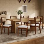 Lot de 6 chaises de salle � manger - dossier en rotin - tissu de lin - bois massif - marron