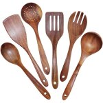 Lot de 6 ustensiles de cuisine en bois de teck naturel - grande taille, antiadh�sifs, cuill�res, spatule, ...