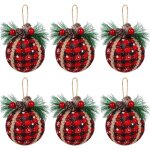 Lot de 9 boules de nol en tissu  carreaux rouge / noir de 7, 6 cm avec pommes de pin, dcorations suspendues ...
