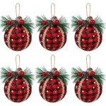 Lot de 9 boules de nol en tissu  carreaux rouge / noir de 7, 6 cm avec pommes de pin, dcorations suspendues ...