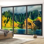 Lumaléa - papier peint panoramique trompe l'oeil baie vitrée - mer et montagnes - 325 cm x 195 cm Lumaléa - papier peint panoramique trompe l'oeil baie vitrée - mer et montagnes - 325 cm x 195 cm