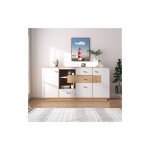 Buffet de salle � manger design, avec �clairage led, 160x40x77cm, 2 portes, 4 tiroirs, �tag�re en verre, ...