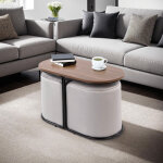 M&s - table basse ovale 78x39x45 cm noir et naturel + 2 poufs en velours gris