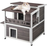 Maison pour chat deexterieur resistante aux intemperies, abri spacieux en bois a deux niveaux pour chats ...