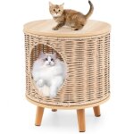 Maison pour chat niche rond en rotin, meuble chaton avec coussin amovible, pieds en bois caoutchouc, ...