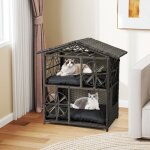 Maison pour chat en rotin � 2 �tages niche pour chatons avec coussins amovibles toit fen�tres & portes ...