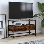 Maison chic - meuble tv avec dessus en verre - banc tv - meuble t�l� ch�ne fum� bois d'ing�nierie 210554 ...