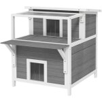 Maison niche chat sur pied - 2 niveaux, 2 portes, terrasse abrite, fentre - bois gris blanc
