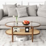 Table basse ovale en verre tremp� avec cadre en bois d'acacia table de salon 2 niveaux avec �tag�re ouverte ...