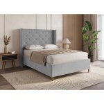 Deco in paris - lit double en velours capitonn� gris mareva 140x190 cm