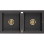 Mario �vier en granit � 2 cuves 820 x 436 mm, noir mouchet�, siphon or - 6504822000 - 76 - g - mexen