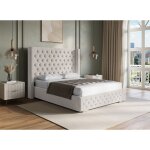 Lit coffre en velours beige 160x200 cm maxi