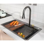 Meje - vier de cuisine en acier inoxydable 80 x 45 cm avec cascade intégrée et robinet extractible - ... Meje - vier de cuisine en acier inoxydable 80 x 45 cm avec cascade intégrée et robinet extractible - ...
