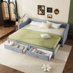 M�ridienne 90x200 avec lit gigogne et 2 tiroirs - style minimaliste - lit simple, tissu gris (sans matelas) ...