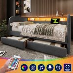 Canapé lit 140 x 190 cm avec chargement usb - c, led avec 2 tiroirs et tête de lit rangement, lin, gris ... Canapé lit 140 x 190 cm avec chargement usb - c, led avec 2 tiroirs et tête de lit rangement, lin, gris ...