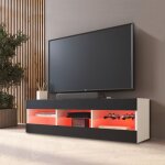 Meuble banc tv tivoli 140, blanc / noir, largeur 140cm x hauteur 40, 5cm x profondeur 35cm, led rgb, ...