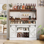 Meuble bar 120 cm avec porte - verres, prises ac / usb, portes coulissantes barn door, buffet bar haut ...
