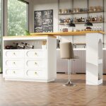 Meuble bar avec 6 tiroirs 137 - 203�39�90 cm 1 table conception t�lescopique et rotative et �tag�re lat�rale ...