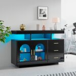 Meuble - bar buffet 120x40x80cm laqu� brillant noir avec 16 lumi�res led color�es, tiroirs, pour salon ...
