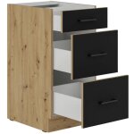 Modena - meuble bas casserolier - 3 tiroirs - 40 x 52 x 82 cm - chne artisan / noir mat - plan de travail ...