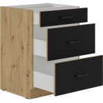 Modena - meuble bas casserolier - 3 tiroirs - 60 x 52 x 82 cm - chene artisan / noir mat - plan de travail ...