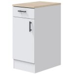Meuble bas de cuisine avec plan de travail , 1 porte + 1 tiroir coloris blanc brillant / chne canadien ...