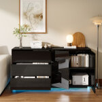 Meuble bas de enfilade 160x76x35 cm avec �clairage led, 3 tiroirs et armoire de rangement, buffet laqu� ...