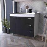 Meuble bas ferreti en mélamine avec 3 tiroirs, 2 portes et plan de travail en acier inoxydable, multicolore, ... Meuble bas ferreti en mélamine avec 3 tiroirs, 2 portes et plan de travail en acier inoxydable, multicolore, ...