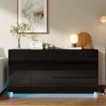 Meuble de buffet bas 160x76x35 cm, avec �clairage led, 3 tiroirs et armoire de rangement, finition laqu�e ...