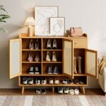 Meuble  chaussures 120 cm en rotin avec 3 portes, 1 tiroir et 5 tagres ? commode de rangement entre ...