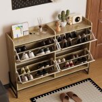 Meuble � chaussures 121x25x91, 5cm - avec 4 portes abattantes - portes en rotin - panneaux de particules ...